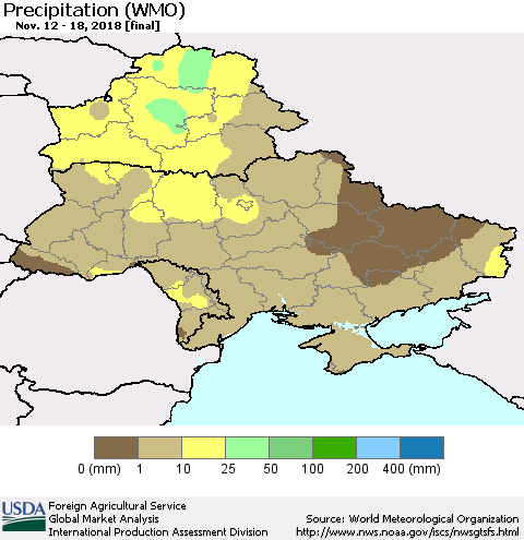 Ukraine, Moldova and Belarus Precipitation (WMO) Thematic Map For 11/12/2018 - 11/18/2018