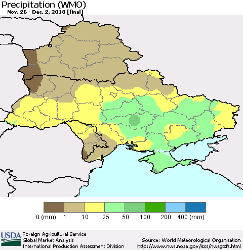 Ukraine, Moldova and Belarus Precipitation (WMO) Thematic Map For 11/26/2018 - 12/2/2018
