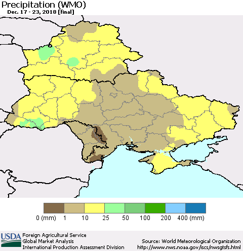 Ukraine, Moldova and Belarus Precipitation (WMO) Thematic Map For 12/17/2018 - 12/23/2018