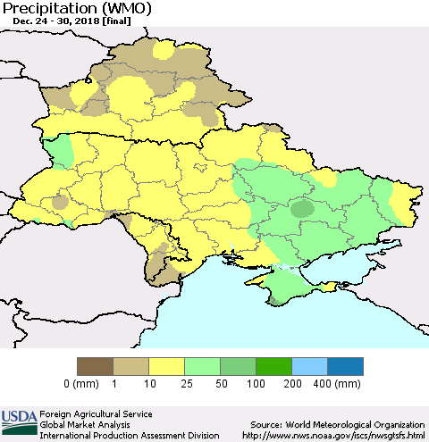 Ukraine, Moldova and Belarus Precipitation (WMO) Thematic Map For 12/24/2018 - 12/30/2018