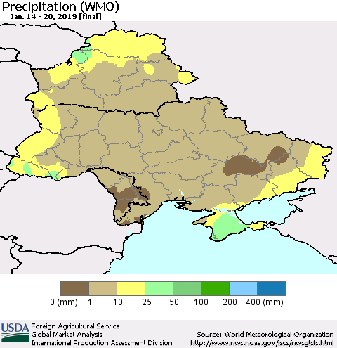 Ukraine, Moldova and Belarus Precipitation (WMO) Thematic Map For 1/14/2019 - 1/20/2019