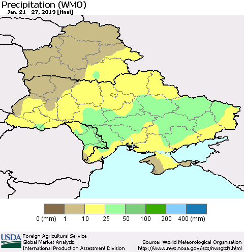 Ukraine, Moldova and Belarus Precipitation (WMO) Thematic Map For 1/21/2019 - 1/27/2019