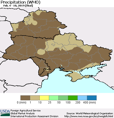 Ukraine, Moldova and Belarus Precipitation (WMO) Thematic Map For 2/4/2019 - 2/10/2019