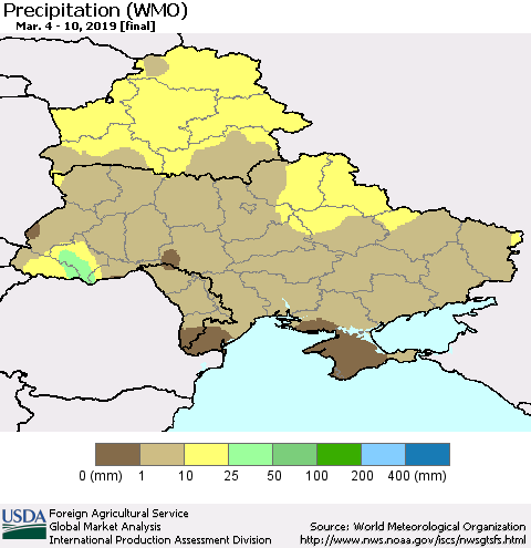 Ukraine, Moldova and Belarus Precipitation (WMO) Thematic Map For 3/4/2019 - 3/10/2019
