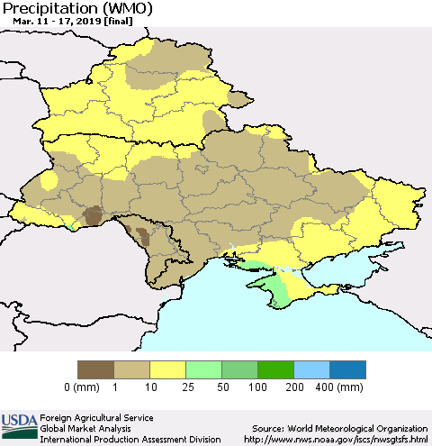 Ukraine, Moldova and Belarus Precipitation (WMO) Thematic Map For 3/11/2019 - 3/17/2019
