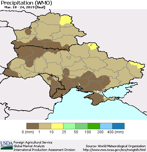 Ukraine, Moldova and Belarus Precipitation (WMO) Thematic Map For 3/18/2019 - 3/24/2019