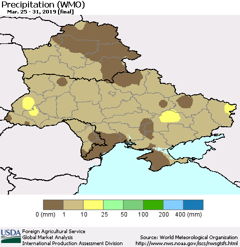 Ukraine, Moldova and Belarus Precipitation (WMO) Thematic Map For 3/25/2019 - 3/31/2019