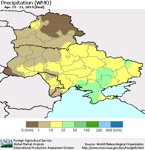 Ukraine, Moldova and Belarus Precipitation (WMO) Thematic Map For 4/15/2019 - 4/21/2019