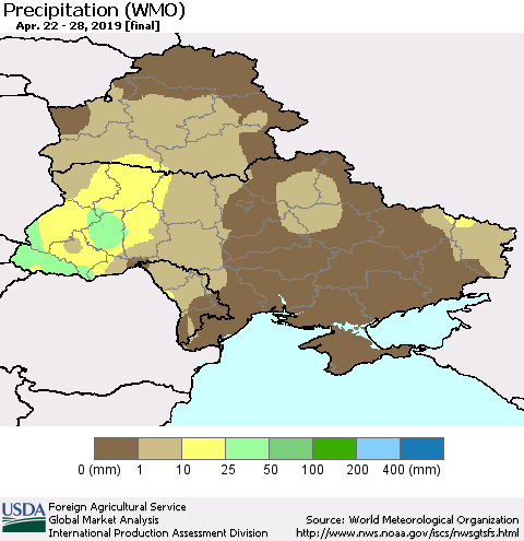 Ukraine, Moldova and Belarus Precipitation (WMO) Thematic Map For 4/22/2019 - 4/28/2019