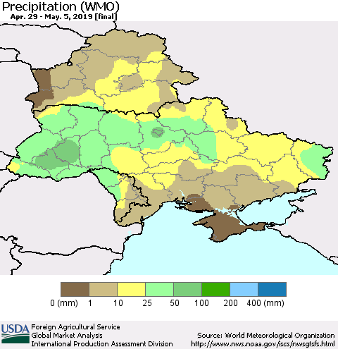 Ukraine, Moldova and Belarus Precipitation (WMO) Thematic Map For 4/29/2019 - 5/5/2019