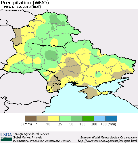 Ukraine, Moldova and Belarus Precipitation (WMO) Thematic Map For 5/6/2019 - 5/12/2019