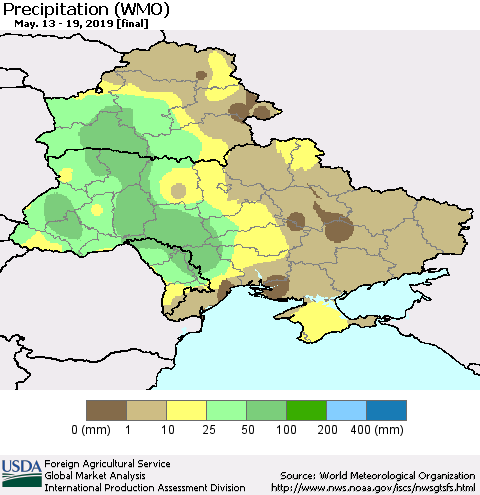 Ukraine, Moldova and Belarus Precipitation (WMO) Thematic Map For 5/13/2019 - 5/19/2019