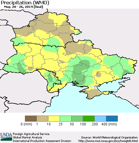 Ukraine, Moldova and Belarus Precipitation (WMO) Thematic Map For 5/20/2019 - 5/26/2019