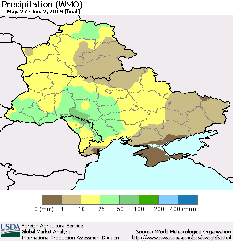 Ukraine, Moldova and Belarus Precipitation (WMO) Thematic Map For 5/27/2019 - 6/2/2019