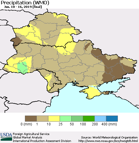 Ukraine, Moldova and Belarus Precipitation (WMO) Thematic Map For 6/10/2019 - 6/16/2019
