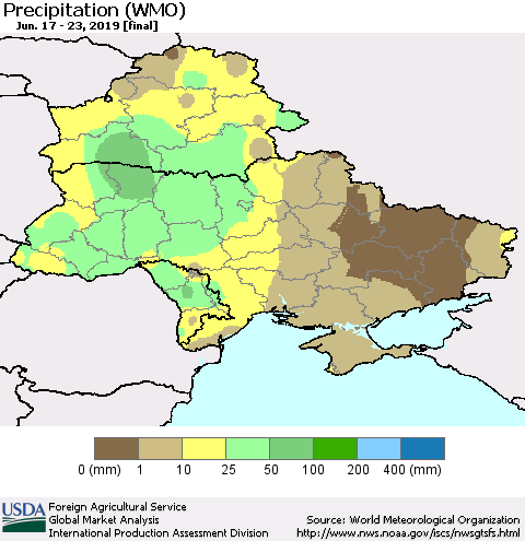 Ukraine, Moldova and Belarus Precipitation (WMO) Thematic Map For 6/17/2019 - 6/23/2019