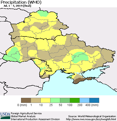 Ukraine, Moldova and Belarus Precipitation (WMO) Thematic Map For 7/1/2019 - 7/7/2019