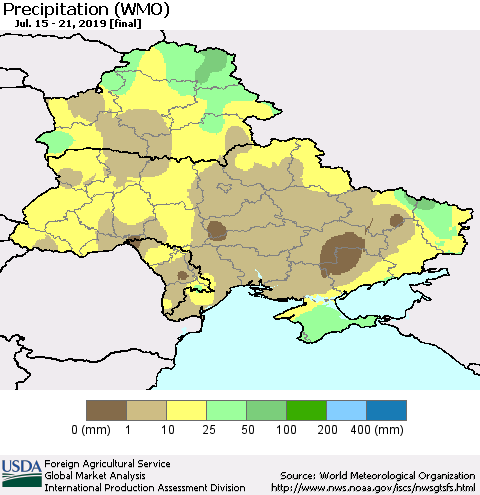 Ukraine, Moldova and Belarus Precipitation (WMO) Thematic Map For 7/15/2019 - 7/21/2019