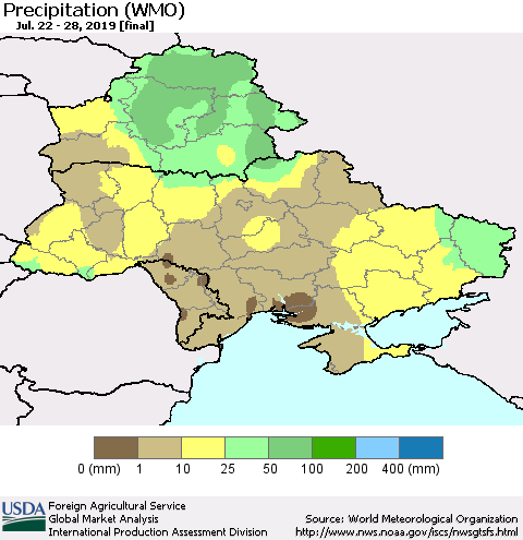 Ukraine, Moldova and Belarus Precipitation (WMO) Thematic Map For 7/22/2019 - 7/28/2019