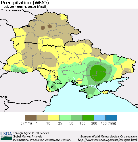 Ukraine, Moldova and Belarus Precipitation (WMO) Thematic Map For 7/29/2019 - 8/4/2019
