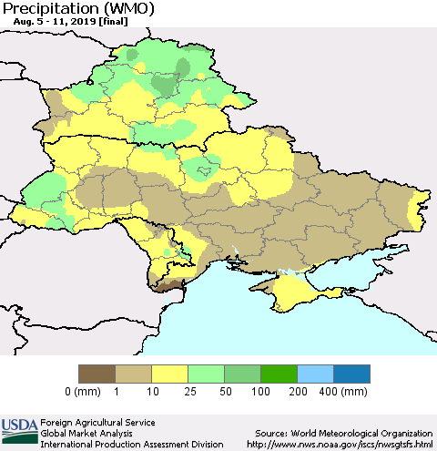 Ukraine, Moldova and Belarus Precipitation (WMO) Thematic Map For 8/5/2019 - 8/11/2019