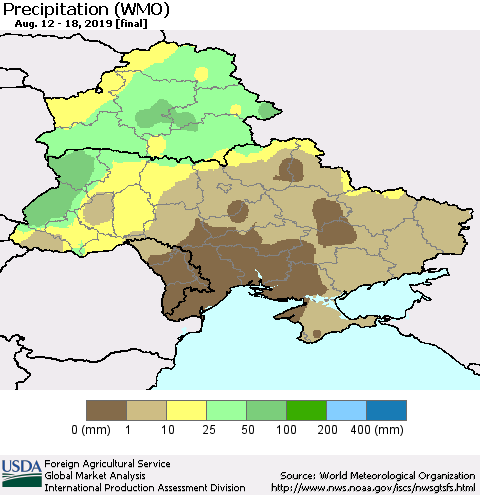 Ukraine, Moldova and Belarus Precipitation (WMO) Thematic Map For 8/12/2019 - 8/18/2019