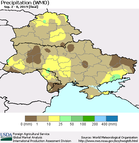 Ukraine, Moldova and Belarus Precipitation (WMO) Thematic Map For 9/2/2019 - 9/8/2019