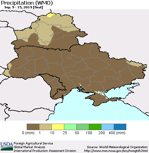 Ukraine, Moldova and Belarus Precipitation (WMO) Thematic Map For 9/9/2019 - 9/15/2019