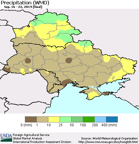 Ukraine, Moldova and Belarus Precipitation (WMO) Thematic Map For 9/16/2019 - 9/22/2019