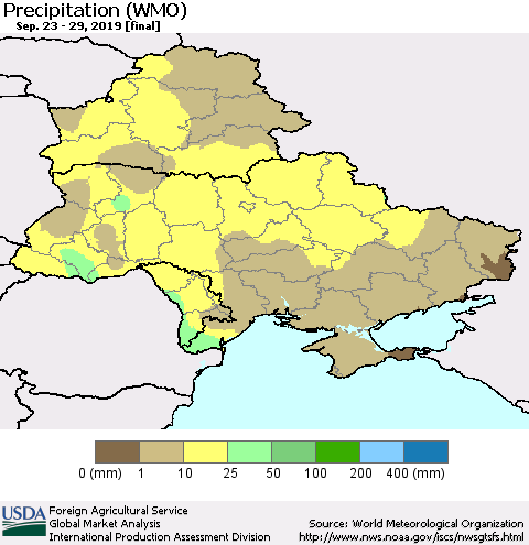 Ukraine, Moldova and Belarus Precipitation (WMO) Thematic Map For 9/23/2019 - 9/29/2019