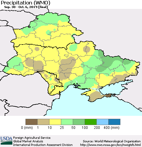 Ukraine, Moldova and Belarus Precipitation (WMO) Thematic Map For 9/30/2019 - 10/6/2019