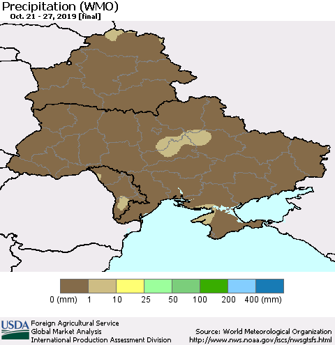 Ukraine, Moldova and Belarus Precipitation (WMO) Thematic Map For 10/21/2019 - 10/27/2019