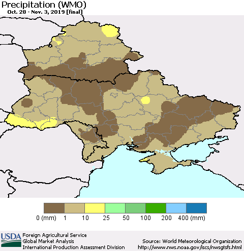 Ukraine, Moldova and Belarus Precipitation (WMO) Thematic Map For 10/28/2019 - 11/3/2019