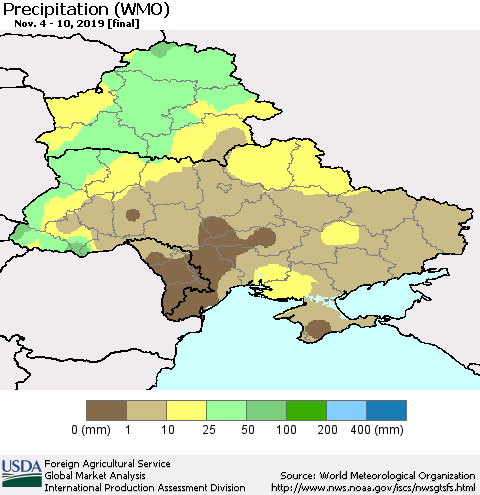 Ukraine, Moldova and Belarus Precipitation (WMO) Thematic Map For 11/4/2019 - 11/10/2019