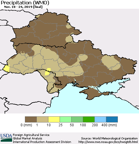 Ukraine, Moldova and Belarus Precipitation (WMO) Thematic Map For 11/18/2019 - 11/24/2019