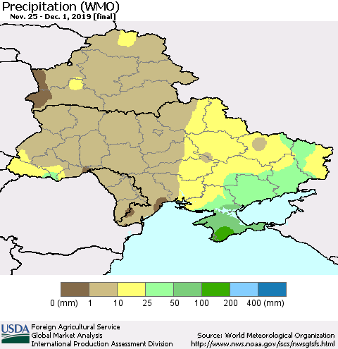 Ukraine, Moldova and Belarus Precipitation (WMO) Thematic Map For 11/25/2019 - 12/1/2019