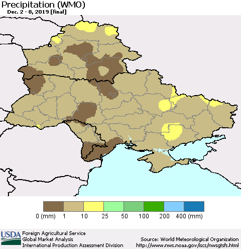 Ukraine, Moldova and Belarus Precipitation (WMO) Thematic Map For 12/2/2019 - 12/8/2019