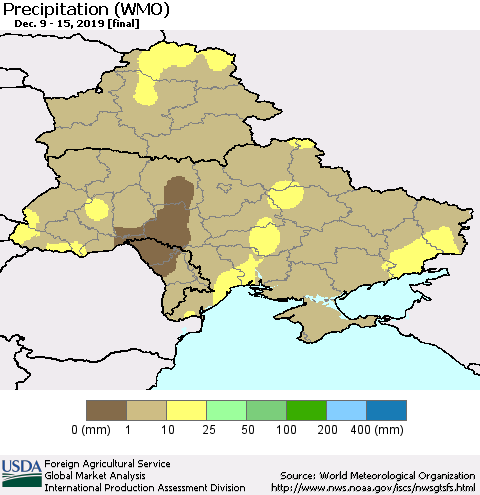Ukraine, Moldova and Belarus Precipitation (WMO) Thematic Map For 12/9/2019 - 12/15/2019