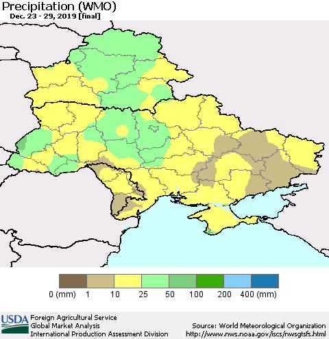 Ukraine, Moldova and Belarus Precipitation (WMO) Thematic Map For 12/23/2019 - 12/29/2019