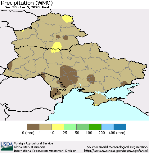 Ukraine, Moldova and Belarus Precipitation (WMO) Thematic Map For 12/30/2019 - 1/5/2020