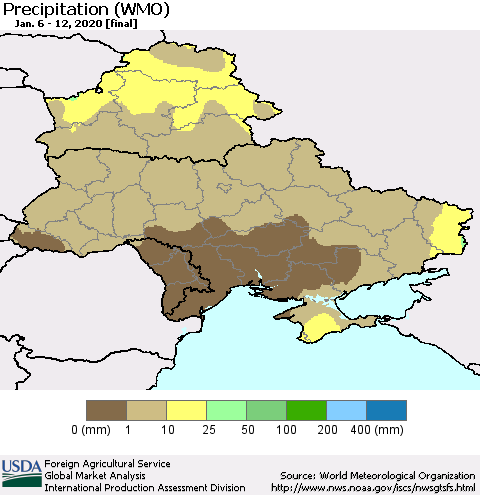 Ukraine, Moldova and Belarus Precipitation (WMO) Thematic Map For 1/6/2020 - 1/12/2020