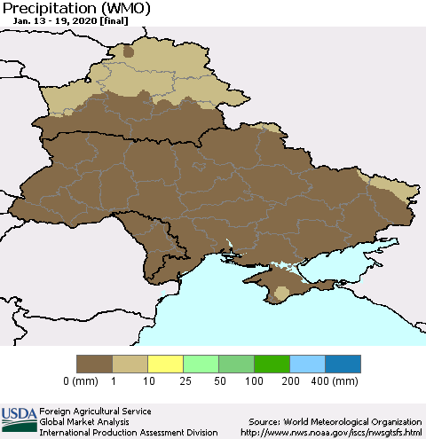 Ukraine, Moldova and Belarus Precipitation (WMO) Thematic Map For 1/13/2020 - 1/19/2020