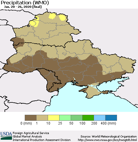 Ukraine, Moldova and Belarus Precipitation (WMO) Thematic Map For 1/20/2020 - 1/26/2020