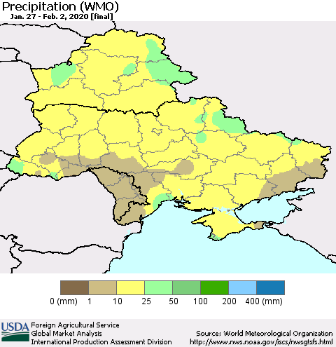 Ukraine, Moldova and Belarus Precipitation (WMO) Thematic Map For 1/27/2020 - 2/2/2020