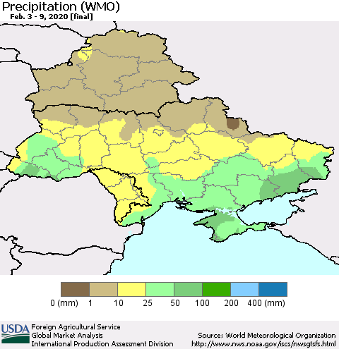 Ukraine, Moldova and Belarus Precipitation (WMO) Thematic Map For 2/3/2020 - 2/9/2020