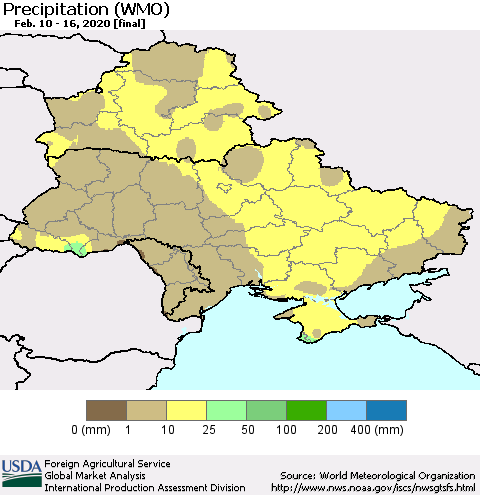 Ukraine, Moldova and Belarus Precipitation (WMO) Thematic Map For 2/10/2020 - 2/16/2020