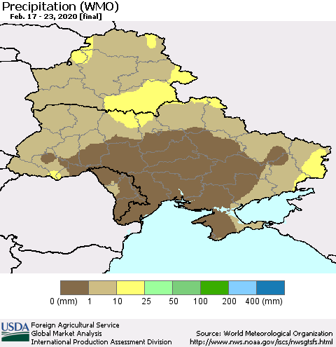 Ukraine, Moldova and Belarus Precipitation (WMO) Thematic Map For 2/17/2020 - 2/23/2020