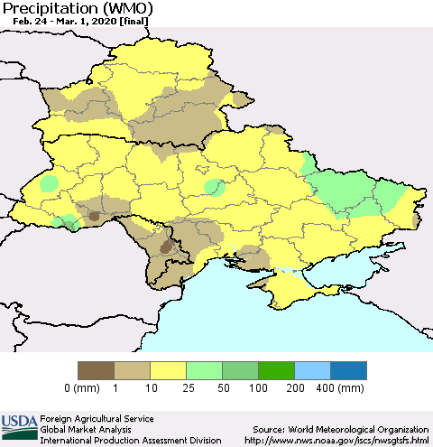Ukraine, Moldova and Belarus Precipitation (WMO) Thematic Map For 2/24/2020 - 3/1/2020
