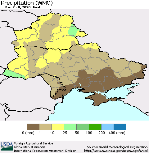 Ukraine, Moldova and Belarus Precipitation (WMO) Thematic Map For 3/2/2020 - 3/8/2020
