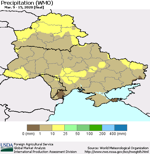 Ukraine, Moldova and Belarus Precipitation (WMO) Thematic Map For 3/9/2020 - 3/15/2020
